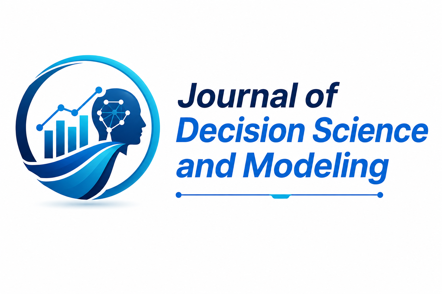 Logo of Journal of Decision Science and Modeling featuring a side profile of a head with a neural network, a rising bar chart, and blue sweeping curves